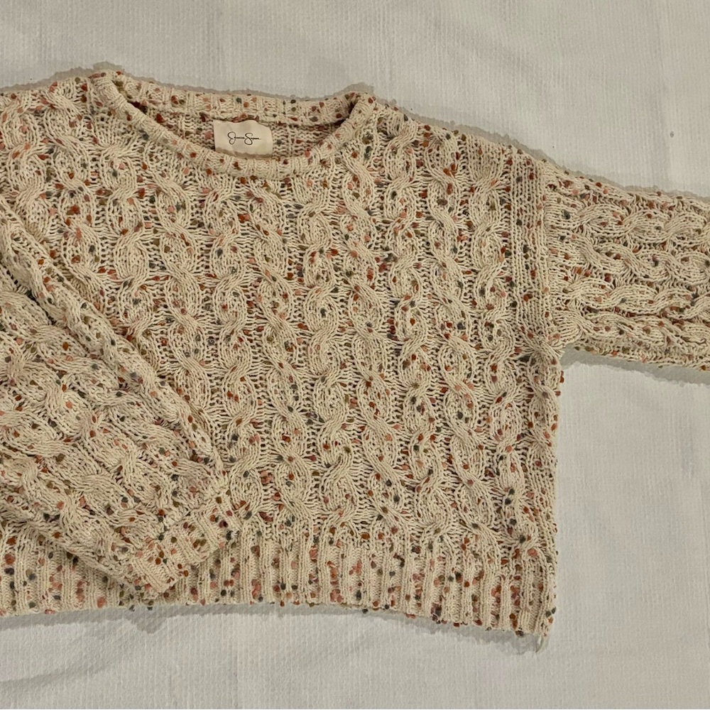 Jessica Simpson Cropped Women's Cream Cable Knit Sweater w/ Multicolored Detail